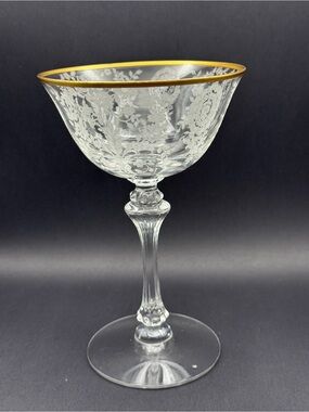 Tiffin Franciscan Etched Coupe with Gold Rim - June Night